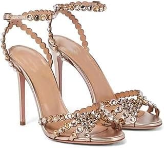 DKMDD DKMDD High Heels Summer Slim High Heel Round Toe High Heel Open Toe Rhinestone Large Size Hollow Cross Sandals(Gold,38)