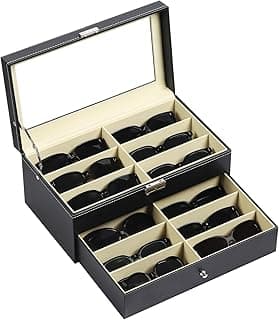 12-Slot PU Leather Eyeglasses Sunglasses Storage Organizer Case, Lockable Drawer Display Box for Eyewear, Countertop Jewelry Holder, Travel Portable (Black)