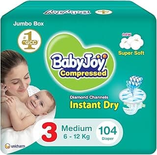 Babyjoy Compressed Diamond Pad, Size 3, Medium, 6-12 Kg, Jumbo Box, 104 Diapers