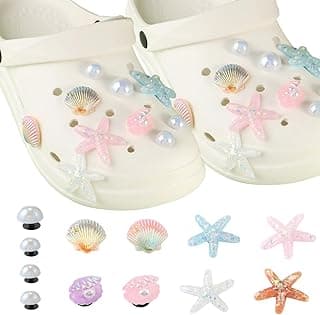 Allkindmore Summer Shoes Charms, Beach Charms for Women, Cute Starfish Seashell Pearl Shoe Decoration, 12PCS Girly Bling Shell Charms for Clog Sandals