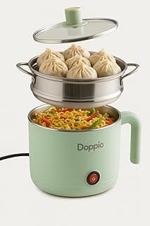 Doppio Electric Hot Pot with Stainless Steel Steamer – 1.5L Multi-Functional Mini Cooker for Ramen, Dumplings, Soup & Oatmeal – Portable Non-Stick Electric Skillet for Dorms, Office & Travel (Mint)