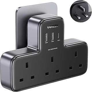 UGREEN 6-in-1 Power Strip Surge Protector Extension Plug Multiple 3 AC Outlet Sockets, Type C Fast Charger 3 USB Ports,Triple UK Plug Extender USB Charging Station for Kitchen, Home Office Accessories