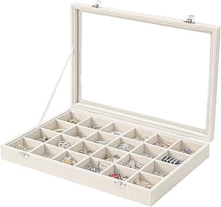 Coward Coward Jewelry Organizer Box, Beige Velvet 24 Grids Ring Earring Jewelry Display Tray Case with Transparent Glass Lid for Home Drawer or Shop Selling