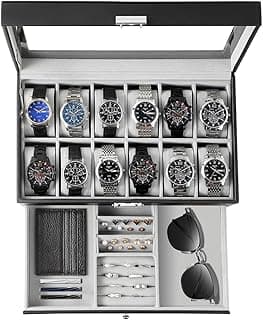 GUKA GUKA Watch Box 12 Slot Watch Display Organizer Leather Jewelry Case Drawer Glass Top Lockable, Birthday for Men Women, Child Husband Dad