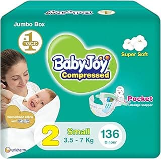 Babyjoy Compressed Diamond Pad, Size 2, Small, 3.5-7 Kg, Jumbo Box, 136 Diapers
