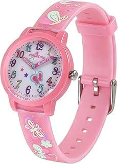 SHUNMUMU Kids Watch for Girls, Pink Time Teacher Watch with Butterfly and Snail Design, Colorful Numbers, Analog Quartz