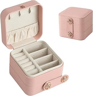 Azonee Azonee Leather Travel Jewelry Organizer Box, Small Fashion Jewelry Organizer Two Layers Storage Case, for Bracelets, Earrings, Rings Gift, for Girls, Women, Mother, Daughter (Pink)
