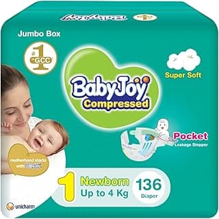 Babyjoy Compressed Diamond Pad Diaper Jumbo Box Newborn, Size 1, 136 Count, Up To 4 Kg