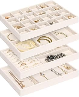 Soofam SooFam Set of 4 Stackable Jewelry Organizer Tray for Drawer,Jewelry Storage with Removable Dividers,Velvet Drawer Inserts Organizer for Necklace Bracelets Earrings Organizer,Gift for Her (Beige)