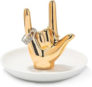 Ceramic Ring Holder Dish, I Love You Hand Sign, Gold, 8 cm x 10 cm, Jewellery Organiser