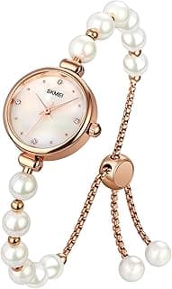 SKMEI Watches for Women Analog Quartz Waterproof Wristwatch with Rose Gold Bracelet Set Pearl Bangles Dress Watch (white)