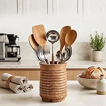 POSHIO Cutlery Holder Utensils Organizer for Kitchen & Dining Table – 360° Rotating Stylish Handcrafted Wooden Spoon Stand / Cutlery Holder | Table Décor Cooking Tools Caddy (Style 2)