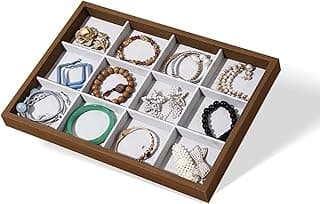 KASTWAVE Walnut Jewelry Organizer Tray, KASTWAVE 14 x 10 x 1 Inch Stackable Display Box with Removable Dividers for Earrings, Necklaces, Bracelets, and Watches