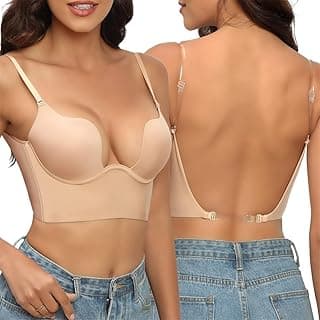 Azonee Backless Bra, Azonee Women's Low Back Bra Deep U Shaped Plunge, Bralette Multiway Convertible with Clear Straps, Sexy Push Up Intimates Female Summer, Soft Wire Lifting Bras for Dress Wedding