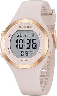 GOLDEN HOUR Digital Ladies Watches 5ATM Waterproof Sport Womens Watch with Luminous/Date/Week/Month Chronograph, Silicone Strap Swimming Watch for Women