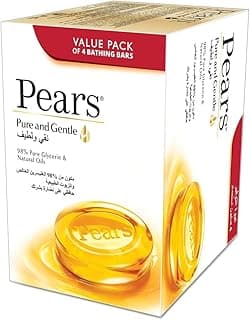 Pears Pure & Gentle Bar Soap with 100% Natural Ingredients & Glycerin for Soft & Glowing Skin | Paraben-Free Moisturising Soap With Mild Fragrance | Dermatologically Tested & Eco-Friendly | Pack of 4