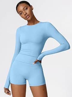 Women Long Sleeve Workout Top, Quick Dry Athletic Training Shirts, Tight Fit Crewneck Crop Tops for Gym Yoga