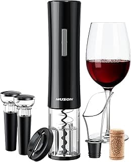 muson Electric Opener Corkscrew Electric Bottle Opener with Foil Cutter, 2 Vacuum Stoppers, Aerator Pourer, Battery Operated Automatic Can Opener 4-in-1 Gift Set for Men Father Kitchen Party Home