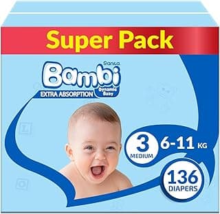 Sanita Bambi, Size 3, Medium, 6-11 Kg, Super Box, 136 Diapers (Package May Vary)