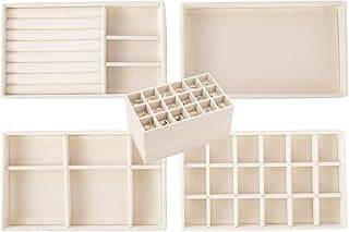 Paporich Paporich Beige Velvet Jewelry Drawer Organizer, 4-Piece Stackable Flat Trays Set with 18 & 6 Compartments and Ring Holders, Storage Case for Stud Earrings Necklaces, Stacking Display Boxes