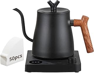 Smart Electric Gooseneck Kettle, 40-100°C Adjustable Temp Control, 36Hour Heat Retention, 304 Stainless Steel, 1000W Fast Boil 1L, Anti-Dry, 50 Coffee Filters Gift, Black Wood Handle