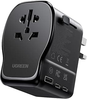 UGREEN UGREEN GaN Universal Travel Adapter, 65W PD International Charger with 2 Type C Ports and USB-A Port, Max 2500W, Travel Essentials for Europe, UK, Germany, States, Asia, Australia, for Mobile Laptop