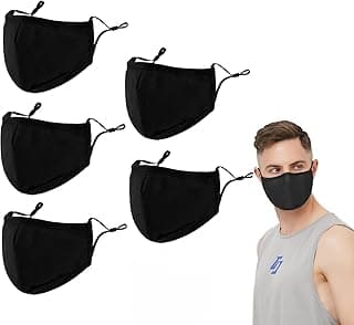 ToolHouse 5 Pack Reusable Cloth Face Mask, Breathable Face Covering Adjustable Washable, Black Nose Curved Face Cover, for Unisex Men and Women