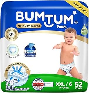 Bumtum Baby Diaper Pants, XXL (Size 6), 15-25 kg, Double Layer Leakage Protection Infused With Aloe Vera, Cottony Soft High Absorb Technology, 52 Diaper