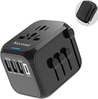 Necomi Necomi Universal Travel Adapter, International Charger Power Adapter, Wall Charger AC Plug Adaptor with 3 USB And 1 Type-C for USA EU UK AUS محول السفر (Black With storage bag, 15W-3A1C)