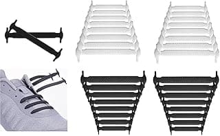 ALMEKAQUZ No Tie Shoe Laces for Kids and Adults, Elastic Laces for Trainers, Silicone Tieless Flat Shoelaces for Running Shoes (2 Pairs Black & White)