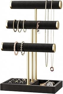 3-Tier Bracelet Holder Jewelry Organizer Display, Black Velvet, Gold Metal, T-Bar Design, Jewelry Holder Organizer for Bracelet, Necklace, Watches, Rings