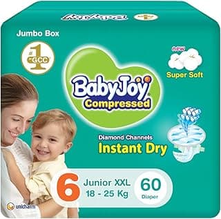 Babyjoy Compressed Diamond Pad, Size 6, Junior Xxl, 16+ Kg, Jumbo Box, 60 Diapers
