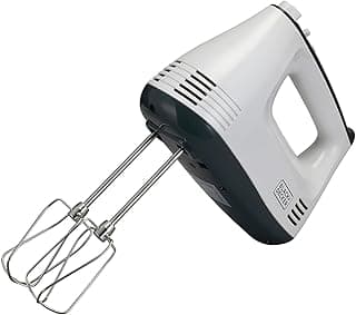 BLACK+DECKER Hand Mixer, 300W, Turbo Function, High-Speed Mixing, Durable Stainless Steel Components, Quick Beater Lock, Includes Beater and Dough Hooks, Compact Design, White - M350-B5
