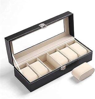 PADOM Padom PU Leather Watch Box, Watch Holder, Watch Organizer with Glass Lid, Watch Case with Removable Watch Pillow, Velvet Lining, Metal Clasp, Watch Display (6 Slot)