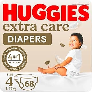 Huggies, Extra Care Baby Diapers, Size 4 (8-14 kg), Jumbo Pack of 68 Diapers, Soft Pillows Absorb in Seconds, Absorbent Channels and Stretchy Waistband, 12h Day & Night Protection