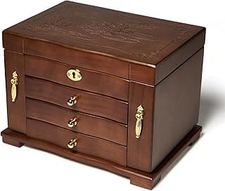 FEECOZ FEECOZ Wooden Jewelry Box for Women, Solid Wood Jewelry Organizer with Mirror and 3-Drawer, Ring,Necklacel,Vintage Style Storage Box with Lock (Dark Brown(lotus pattern)