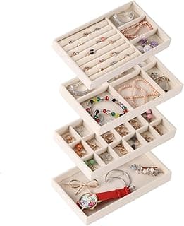 ABIN ABIN Set of 4 Jewelry Organizer Tray,Stackable Velvet Jewelry Trays,Drawer Inserts Earring Organizer For Women Girls Jewelry Storage Display Case for Rings Stud Necklaces (Beige)