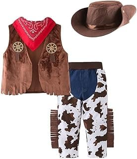 OSHIMA 4 Pcs Cowboy Costume Kids Dress Up, Cowboy Costume for Boys, Dress Up Set with Waistcoat, Bandana and Hat for Baby Little Kids Boys, Brown, Birthday Halloween Party Cosplay Size 120cm