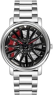 MASTOP Mens Wrist Watch Creative 3D Spinning Car Wheel Rotating Watches Rim Hub Design Fashion Quartz Stylish Wristwatch with Stainless Steel Strap Gifts for Car Enthusiasts