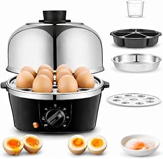 SKY-TOUCH Rapid Electric Egg Cooker, 9 Egg Capacity with 350W Rapid Steam, 304 Stainless Steel Egg Steamer with Cooking Rack and 2 Steaming Bowl for Cook Eggs, Automatically Closed