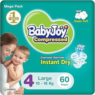 Babyjoy Compressed Diamond Pad, Size 4, Large, 10-18 Kg, Mega Pack, 60 Diapers