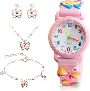 Azonee Kids Watches with Jewelry Set, Pink Cute Cartoon Wrist Watches with Butterfly Necklace Charm Bracelet Earrings for Kids Girls Birthday Gifts