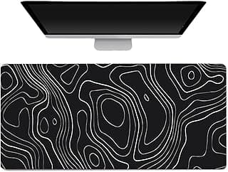 ECVV Gaming Mouse Pad XL - 80x30cm Large Mouse Mat with Anti-Slip Rubber Base for Keyboard and Mouse, for Home and Office(Black with White Topographic Line)