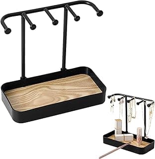 Paporich Paporich Jewelry Organizer Stand, Necklaces Holder with Wooden Tray, Necklace Display Stand Jewelry Storage Hooks for Necklace, Bracelets, Earrings, Ring, Keys, Watches (Black)