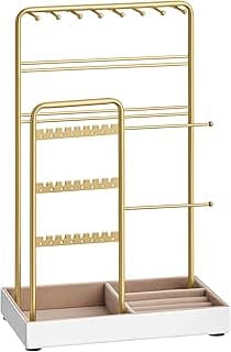 SONGMICS SONGMICS Jewelry Holder, Jewelry Organizer, Jewelry Display Stand with Metal Frame and Velvet Tray, Necklace Earring Bracelet Holder, for Studs, Rings, Gift Idea, Gold Color UJJS021A01