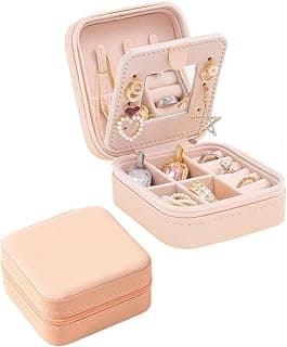 Travel Jewelry Box with Mirror, Elegant Small Gift Jewelry Box with Earring Organizer and Necklaces Hanger, Portable Jewelry Case for Women & Girls Bracelets, Rings, Necklaces, Watch Storage, Pink