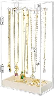Excefore Excefore Dustproof Acrylic Necklace Holder Organizer Stand with 24 Hooks and Removable Velvet Tray, Clear Jewelry Storage Display Box for Necklaces, Pendants, Bracelets, Earrings, and Rings