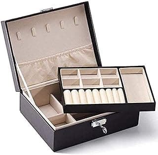 Nnewvante Jewelry Box Organizer for Women Girls, 2 Layer Large Display Storage Case PU Leather Travel Jewel Holder Cabinet with Removable Tray & Partition for Necklace, Earrings, Bracelets, Rings - Black