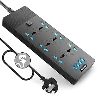Necomi Universal Power Strips Extension Lead Outlets All in one Wall Plug Adapter with 4 (3.1A) USB Hub & 6 Gang Smart Electrical Sockets