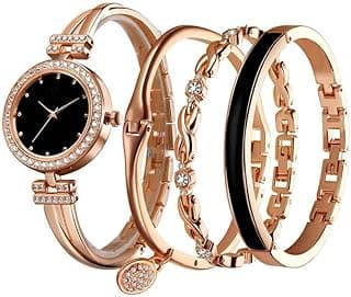 MAKINGTEC Elegante Watch and Bracelet Set for Women Glitter Crystal Watch and Bangle Set Stainless Steel Girls Wrist Watch and 3 Bracelets Set Gift for Gradution